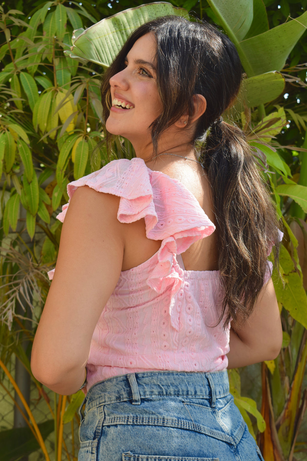 Pink Aura stretch eyelet top