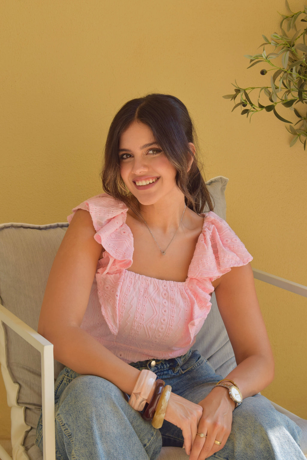 Pink Aura stretch eyelet top